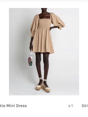 Square-Neck Puff-Sleeve Mini Dress in Beige